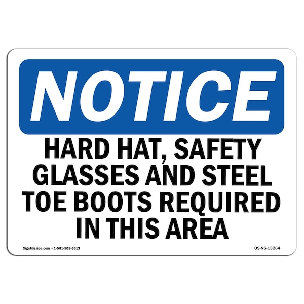 OSHA Sign, Hard Hat Glasses And Steel Toe Boots, 18in X 12in Aluminum, 18" W, 12" H, Landscap